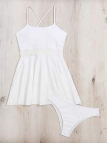 Contrast Mesh Criss Cross Tankini - White - View 6