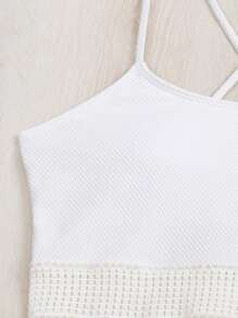 Contrast Mesh Criss Cross Tankini - White - View 7