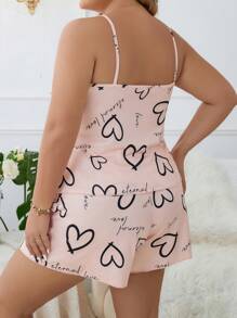 SHEIN Plus Heart & Letter Graphic PJ Set / Pajama Set - Pink - View 2