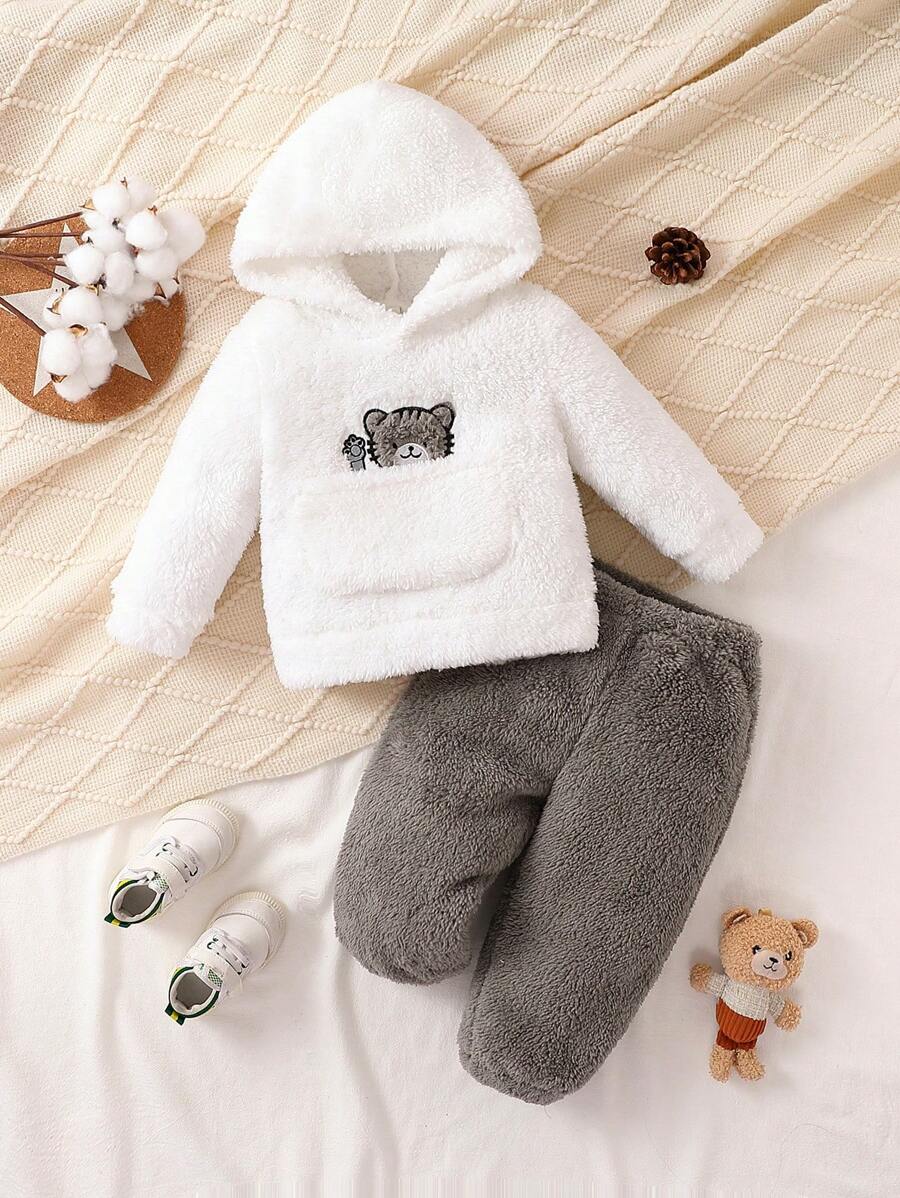 Baby Boy Tiger Embroidery Fuzzy Top & Pants - White - View 1