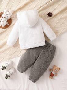 Baby Boy Tiger Embroidery Fuzzy Top & Pants - White - View 2