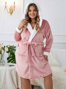 Plus Dual Pocket Drop Shoulder Hooded Belted Flannel Robe - Dusty Pink - View 1