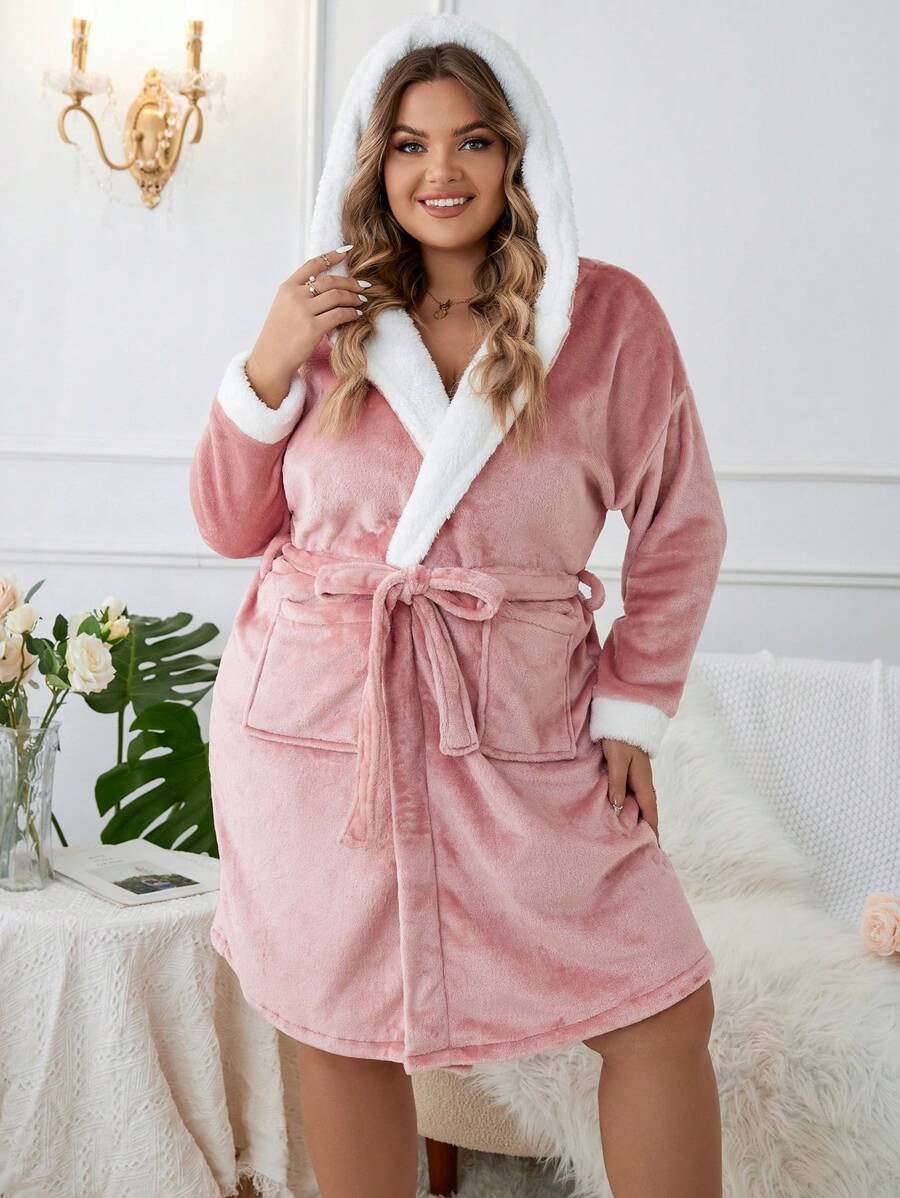 Plus Dual Pocket Drop Shoulder Hooded Belted Flannel Robe - Dusty Pink - View 1