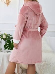 Plus Dual Pocket Drop Shoulder Hooded Belted Flannel Robe - Dusty Pink - View 2
