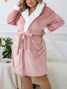 Plus Dual Pocket Drop Shoulder Hooded Belted Flannel Robe - Dusty Pink - View 4
