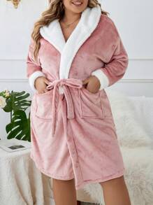 Plus Dual Pocket Drop Shoulder Hooded Belted Flannel Robe - Dusty Pink - View 5