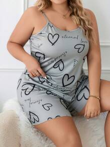 SHEIN Plus Heart & Letter Graphic PJ Set - Green - View 1