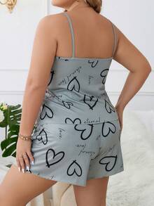 SHEIN Plus Heart & Letter Graphic PJ Set - Green - View 2