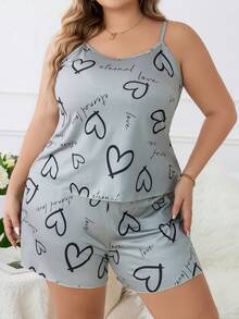 SHEIN Plus Heart & Letter Graphic PJ Set - Green - View 4