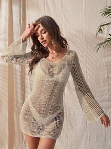 Summer Beach Tie Backless Open Knit Cover Up Dress Without Bikini - Beige - View 5