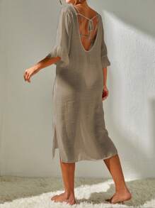 SHEIN Swim Summer Beach Plain Split Thigh Cover Up Dress Without Bikini Set - Khaki - View 2