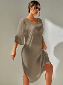 SHEIN Swim Summer Beach Plain Split Thigh Cover Up Dress Without Bikini Set - Khaki - View 3