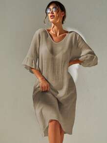 SHEIN Swim Summer Beach Plain Split Thigh Cover Up Dress Without Bikini Set - Khaki - View 4