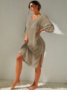 SHEIN Swim Summer Beach Plain Split Thigh Cover Up Dress Without Bikini Set - Khaki - View 5