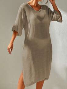 SHEIN Swim Summer Beach Plain Split Thigh Cover Up Dress Without Bikini Set - Khaki - View 6