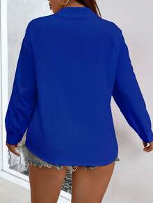 SHEIN LUNE Hơn Chất rắn Nút phía trước Thả vai Áo sơ mi - Xanh đậm - Xem 2