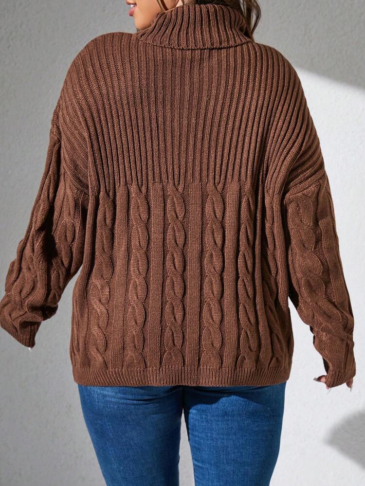 Plus Turtleneck Cable Knit Drop Shoulder Sweater, For Winter Knit Pullover Fall Autumn