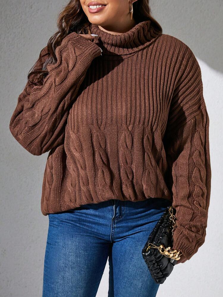 Plus Turtleneck Cable Knit Drop Shoulder Sweater, For Winter Knit Pullover Fall Autumn