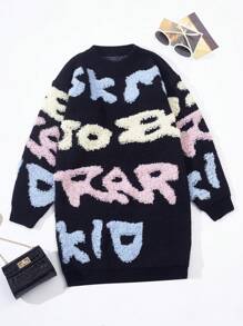 SHEIN 女大童字母圖案落肩袖毛衣洋裝 - 彩色 - 查看 1