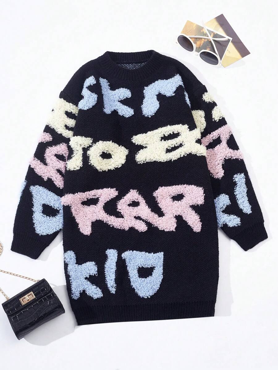 SHEIN 女大童字母圖案落肩袖毛衣洋裝 - 彩色 - 查看 1