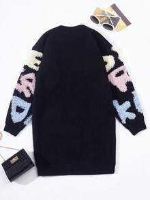 SHEIN 女大童字母圖案落肩袖毛衣洋裝 - 彩色 - 查看 2