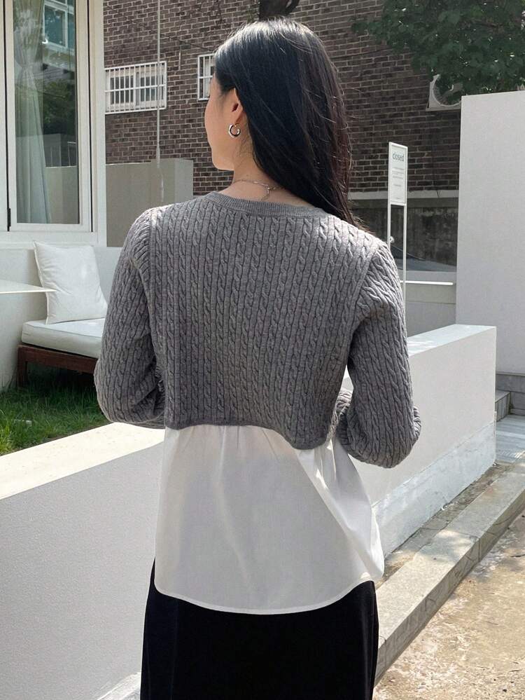 Two Tone Cable Knit 2 In 1 Sweater,Fall Clothes