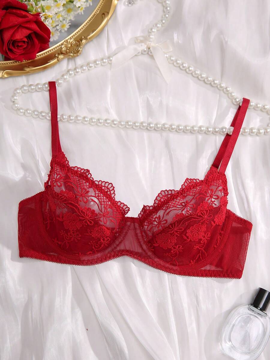 FloralLove Ren hoa Cắt vỏ sò Vòng thép Bras Đồ lót - Màu Đỏ Sâu - Xem 1