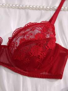 FloralLove Ren hoa Cắt vỏ sò Vòng thép Bras Đồ lót - Màu Đỏ Sâu - Xem 4