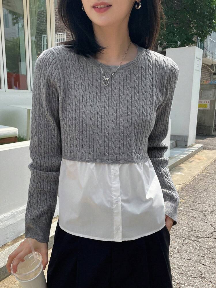 Two Tone Cable Knit 2 In 1 Sweater,Fall Clothes