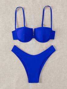 實心金屬撐條比基尼套裝 - 寶藍色 - 查看 3