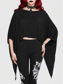 ROMWE Goth tay cánh Viền không đối xứng Áo thun - màu đen - Xem 2
