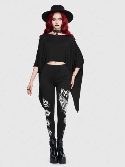 Goth Batwing Sleeve Asymmetrical Hem Tee