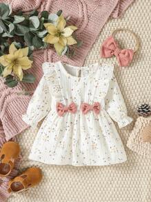 SHEIN Baby Girl Ditsy Floral Print Ruffle Trim Bow Front Flounce Sleeve Dress With Headband
