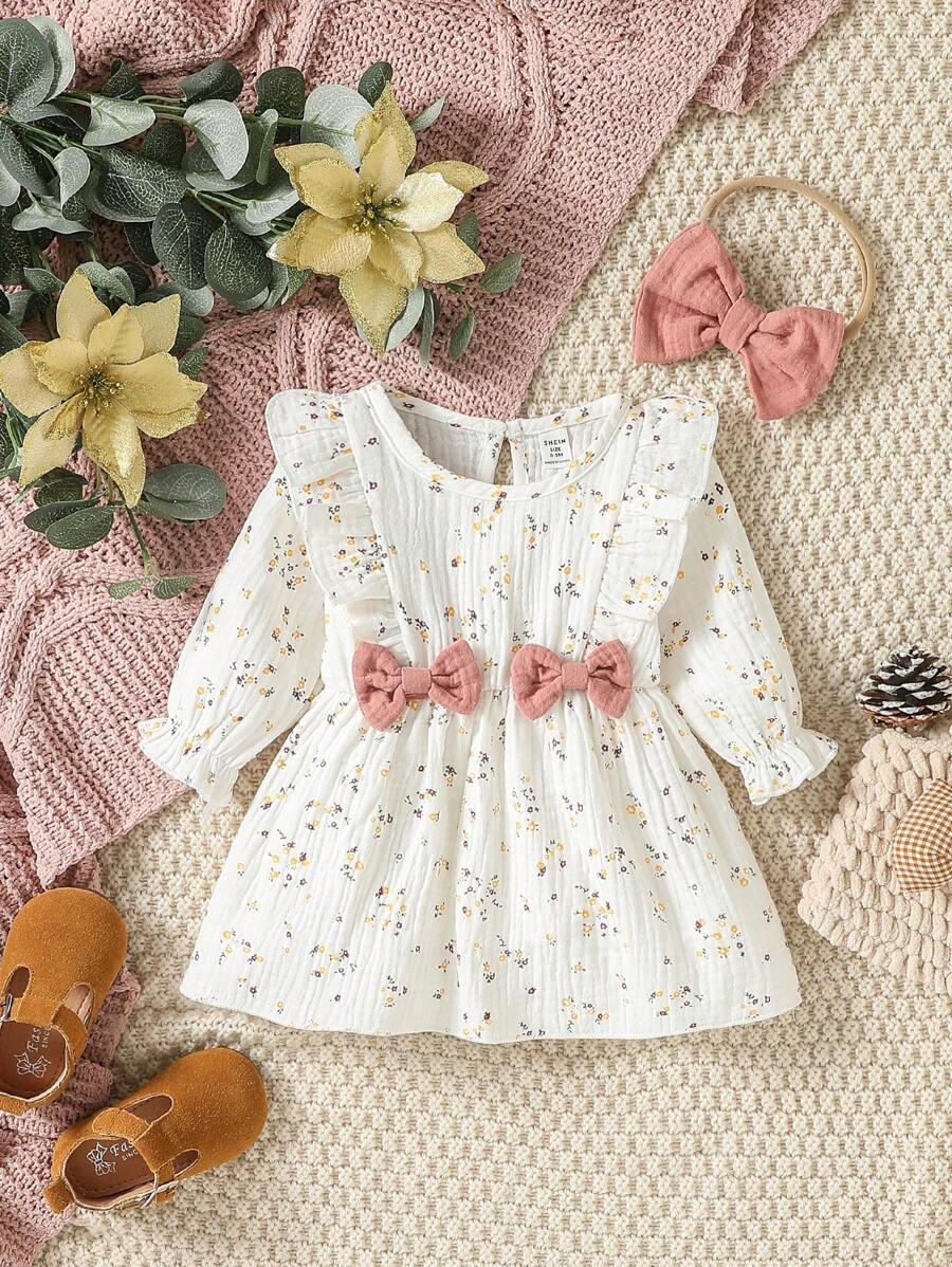 SHEIN Baby Girl Ditsy Floral Print Ruffle Trim Bow Front Flounce Sleeve Dress With Headband