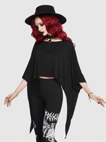 ROMWE Goth tay cánh Viền không đối xứng Áo thun - màu đen - Xem 6