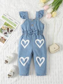 Baby Girl Heart Print Ruffle Trim Bow Front Denim Dungaree - Light Wash - View 1