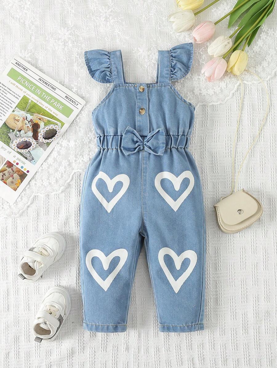 Baby Girl Heart Print Ruffle Trim Bow Front Denim Dungaree - Light Wash - View 1