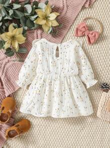SHEIN Baby Girl Ditsy Floral Print Ruffle Trim Bow Front Flounce Sleeve Dress With Headband