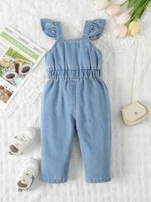 Baby Girl Heart Print Ruffle Trim Bow Front Denim Dungaree - Light Wash - View 2