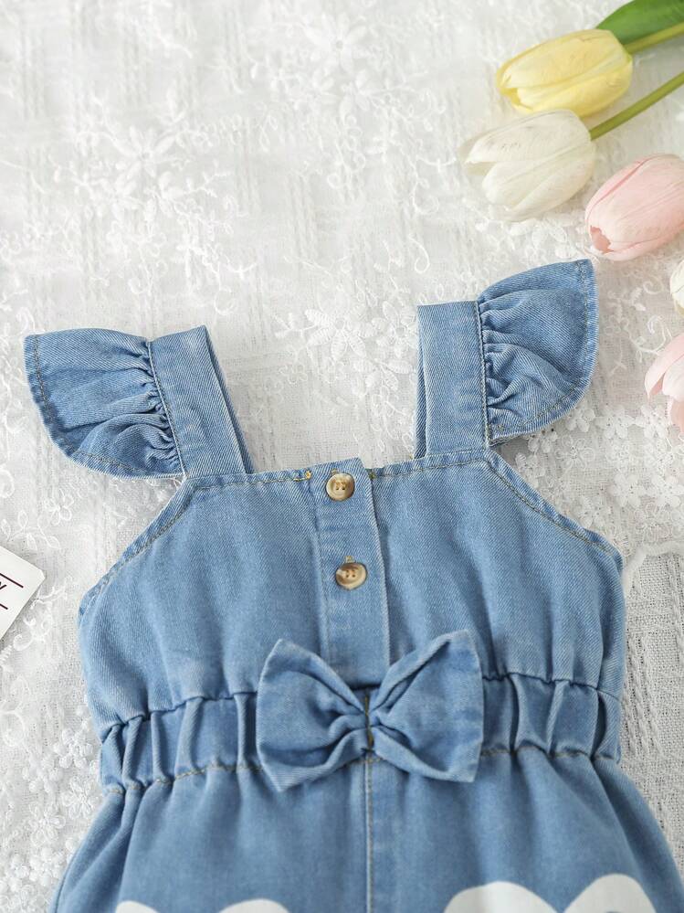 Baby Girl Heart Print Ruffle Trim Bow Front Denim Overall - Light Wash - View 3