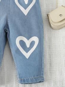 Baby Girl Heart Print Ruffle Trim Bow Front Denim Dungaree - Light Wash - View 4