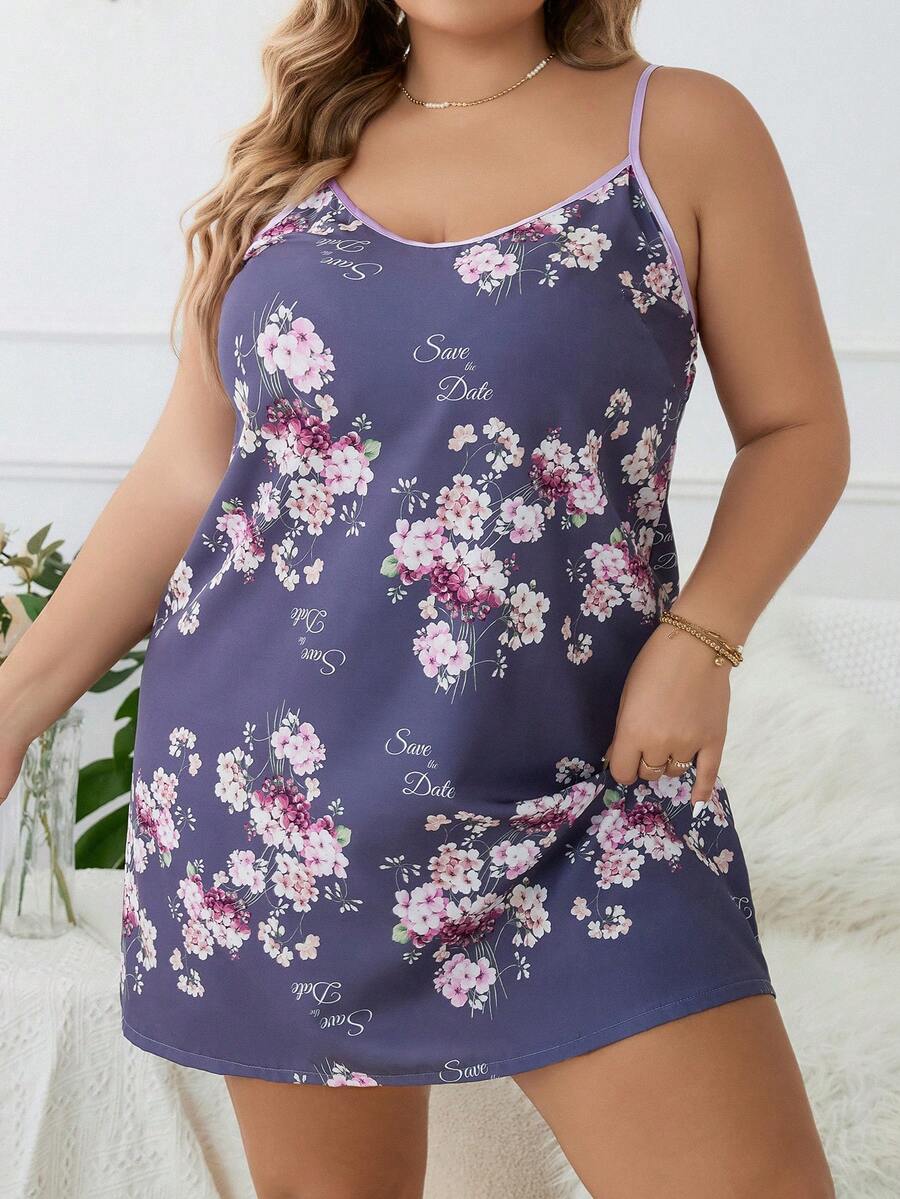 Plus Floral Print Cami Nightdress - Dusty Purple - View 1