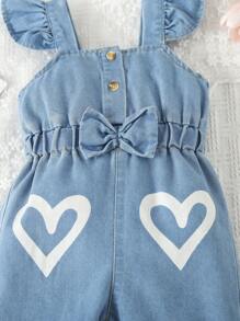 Baby Girl Heart Print Ruffle Trim Bow Front Denim Dungaree - Light Wash - View 5
