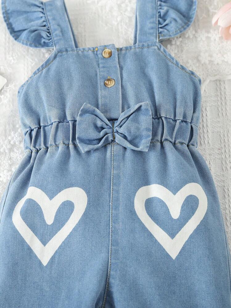 Baby Girl Heart Print Ruffle Trim Bow Front Denim Overall - Light Wash - View 5