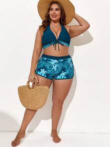 SHEIN Swim Curve Plus Size Tropical Print Halter Bikini Set Summer Beach - Dark Green - View 1