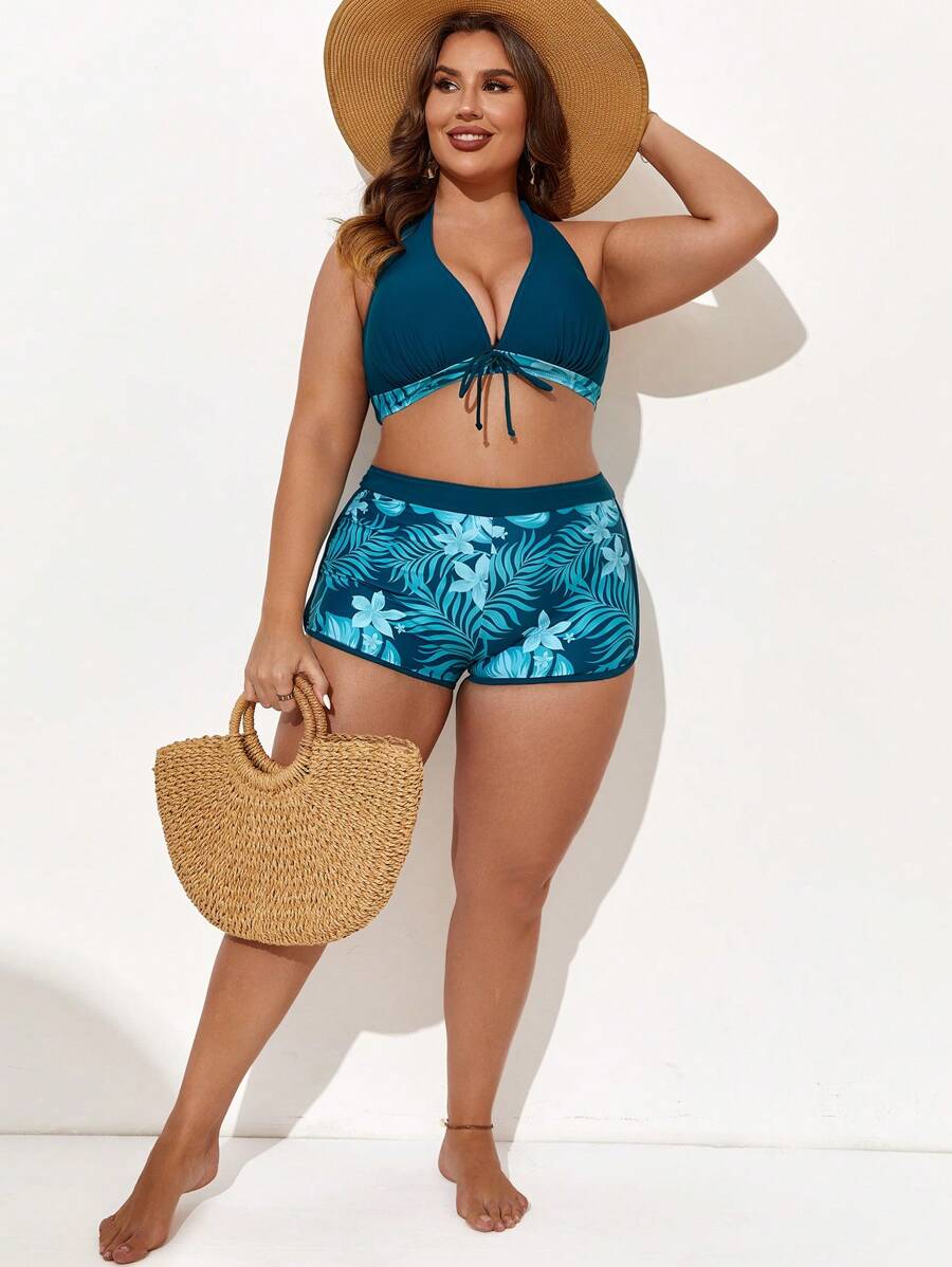 SHEIN Swim Curve Plus Size Tropical Print Halter Bikini Set Summer Beach - Dark Green - View 1