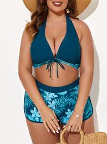 SHEIN Swim Curve Plus Size Tropical Print Halter Bikini Set Summer Beach - Dark Green - View 4