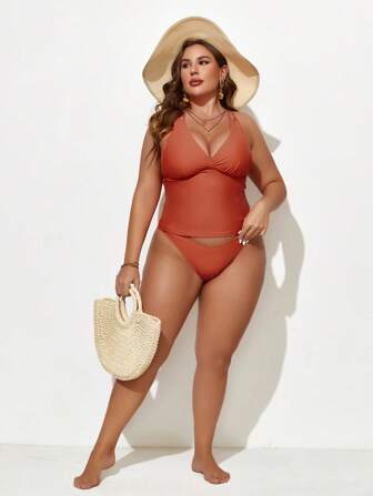 SHEIN Swim Curve 大码纯色褶皱胸围比基尼夏季海滩