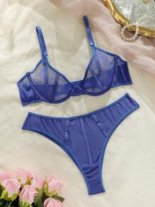 SHEIN Set de lencería unicolor de malla transparente - Azul Marino - Ver 1