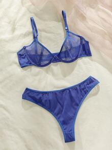 SHEIN Set de lencería unicolor de malla transparente - Azul Marino - Ver 5
